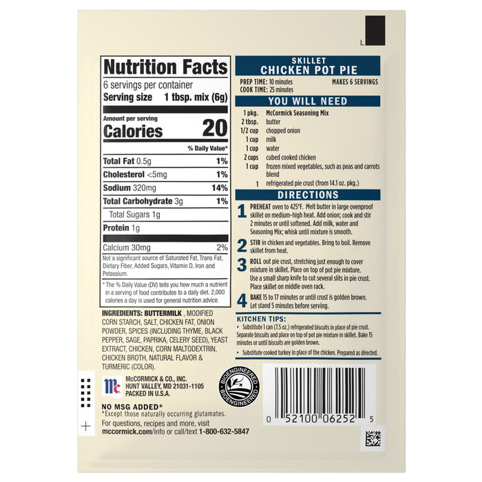 The back of a package for Mc Chkn Pot Pie Mix featuring nutrition facts, a list of required ingredients, and step by step cooking directions.