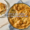 A golden brown and flaky crust covers a hearty and delicious skillet chicken pot pie made with Mc Chkn Pot Pie Mix.
