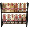 A two-tier black metal spice rack holds twelve glass jars of McCormick, 15.24 Oz organic gourmet spices including Italian seasoning, garlic powder, and crushed red pepper.