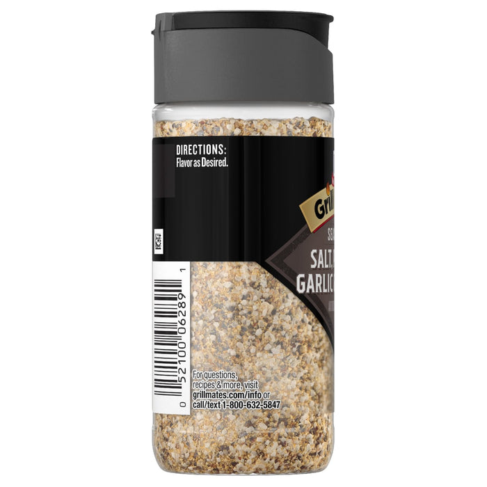 The back of a Mccormick, 3.62 Oz bottle of Grill Mates Sea Salt &amp; Garlic seasoning, showing the directions, barcode, and customer service information.
