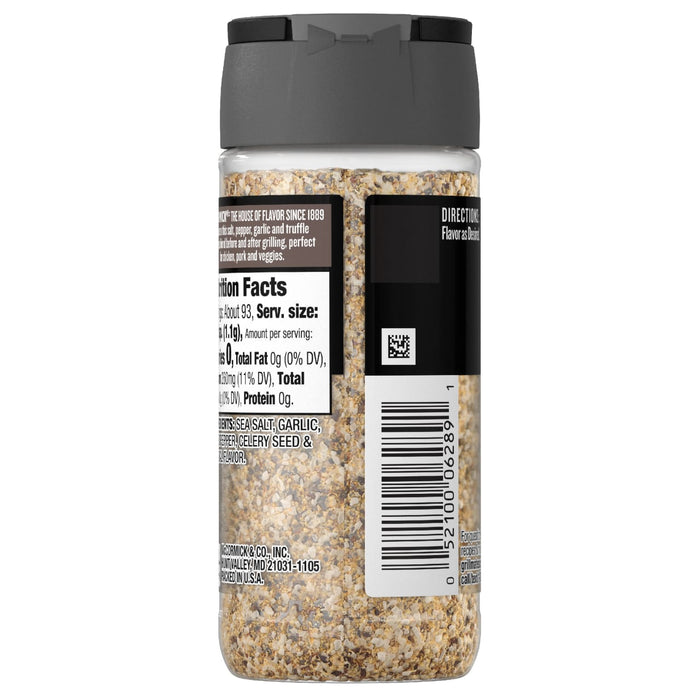 The back of a bottle of Mccormick, 3.62 Oz salt, pepper, garlic, and truffle blend, showing the nutrition facts, ingredients list, and barcode.