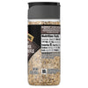 A clear shaker bottle of Mccormick, 3.62 Oz salt, pepper, garlic, and truffle flavored blend, showing the coarse seasoning and the nutritional facts label on the back.
