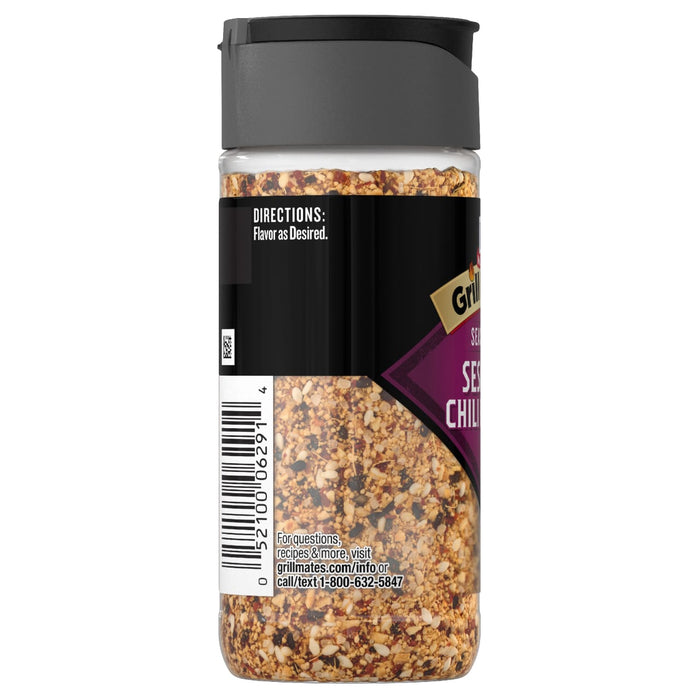 The back of a Mccormick, 2.37 Oz bottle of Grill Mates Sesame Chili seasoning, showing the directions, barcode, and customer service information.