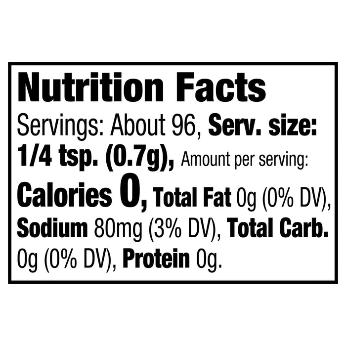 The nutrition facts label for Mccormick, 2.37 Oz, showing 0 calories and 80mg of sodium per serving.