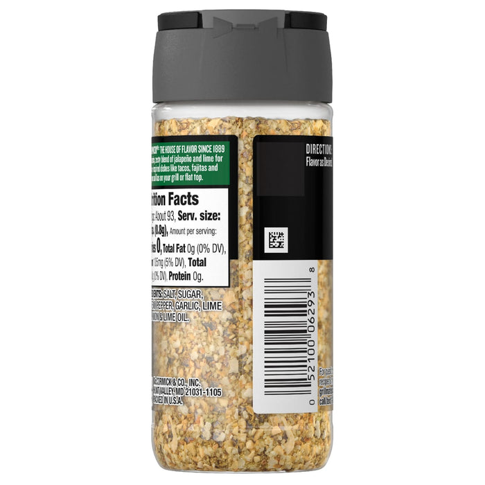 A side view of a bottle of Mccormick, 2.62 Oz Jalapeño &amp; Lime seasoning, showing the nutrition facts and ingredients label.