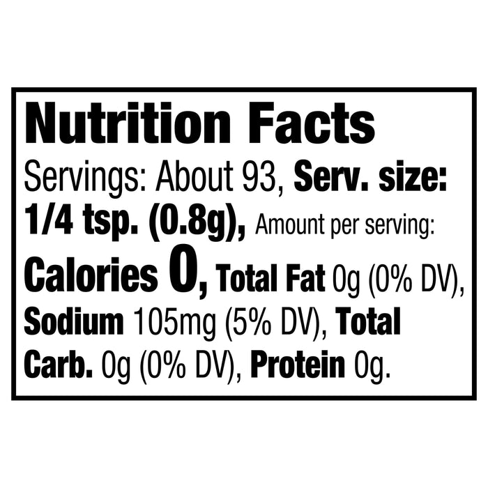 The nutrition facts label for Mccormick, 2.62 Oz, indicates that a one-quarter teaspoon serving contains 0 calories, 105mg of sodium, and 0g of fat, carbs, and protein.