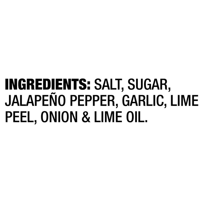 The ingredients list for Mccormick, 2.62 Oz includes salt, sugar, jalapeño pepper, garlic, lime peel, onion, and lime oil.
