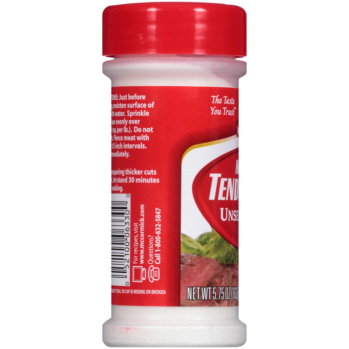 ['McCormick Tender Quick Unsalted Seasoning is a red and white bottle with a label that says The Taste You Trust.']
