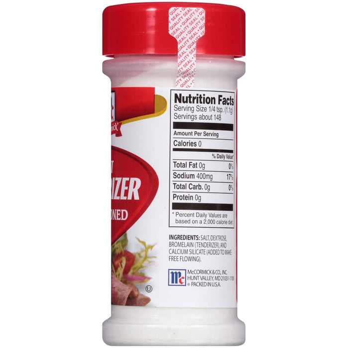 ['McCormick Chicken Tenderizer Seasoning is a white powder in a red and white container.']