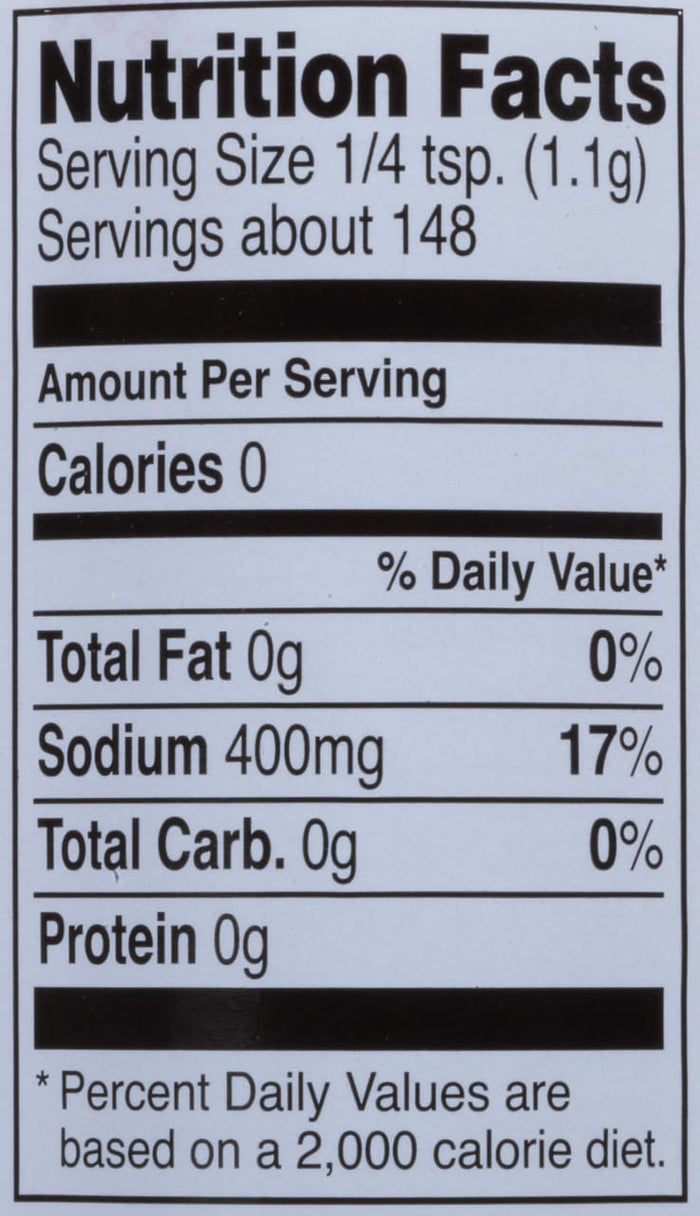 ['Nutrition facts label for a product with 0 calories, 0g fat, 400mg sodium, 0g carbs, and 0g protein.']