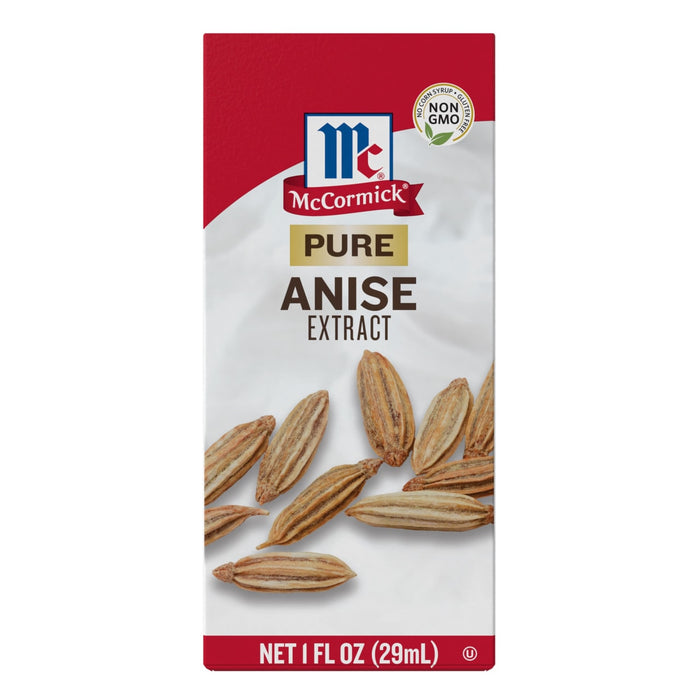 ['McCormick Pure Anise Extract bottle with anise seeds.']
