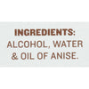 ['A label that reads INGREDIENTS: ALCOHOL, WATER &amp; OIL OF ANISE.']