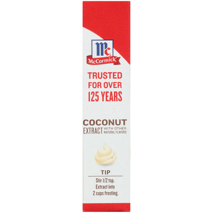 ['McCormick Coconut Extract packaging with a tip to stir 1/2 tsp. into 2 cups of frosting.']