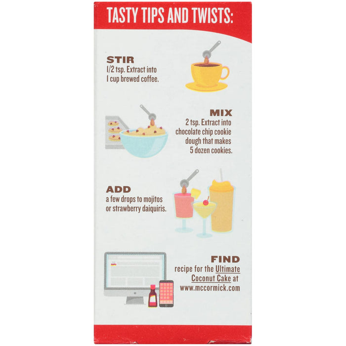 ['McCormick Coconut Extract tips and twists for using it in coffee, cookies, cocktails and cake.']