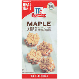 ['McCormick Maple Extract with other natural flavors bottle with a serving suggestion of maple leaf cookies.']