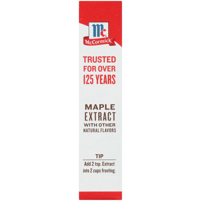 ['McCormick Maple Extract with other natural flavors bottle label with a tip to add 2 teaspoons of extract to 2 cups of frosting.']
