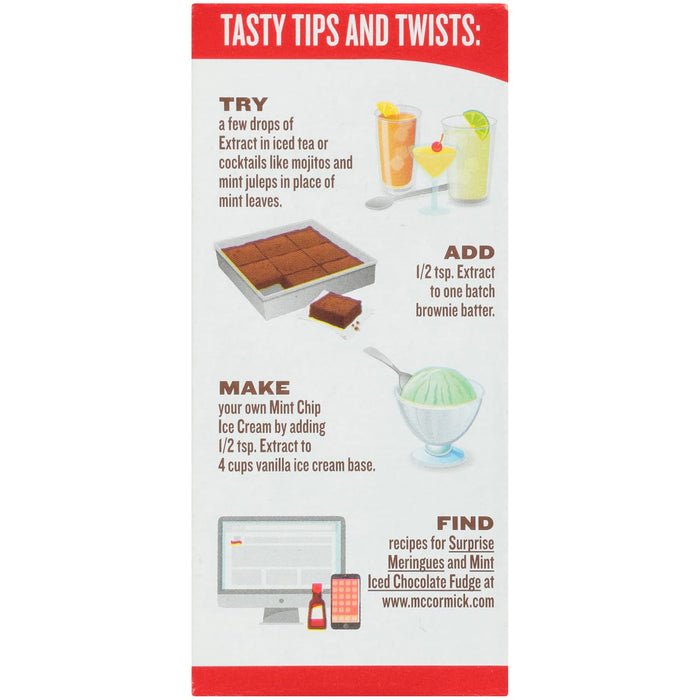 ['McCormick Mint Extract packaging with tips and tricks for using the product.']