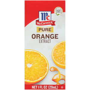 ['McCormick Pure Orange Extract bottle with a picture of orange slices.']