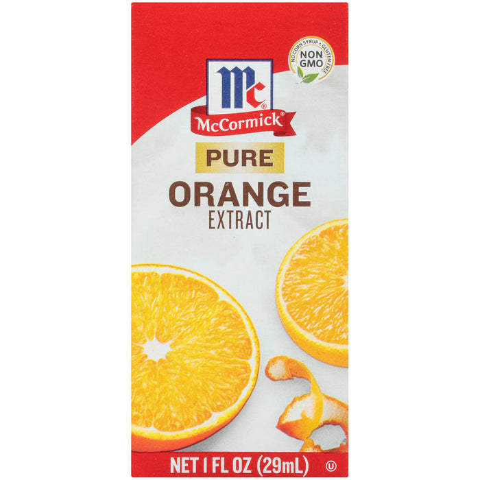 ['McCormick Pure Orange Extract bottle with a picture of orange slices.']