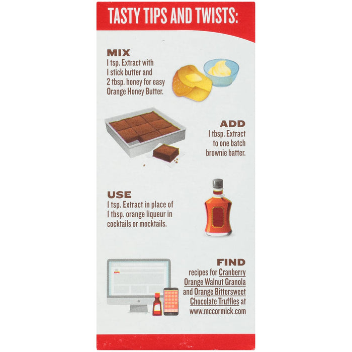 ['McCormick Orange Extract instructions for mixing, using, adding and finding recipes.']