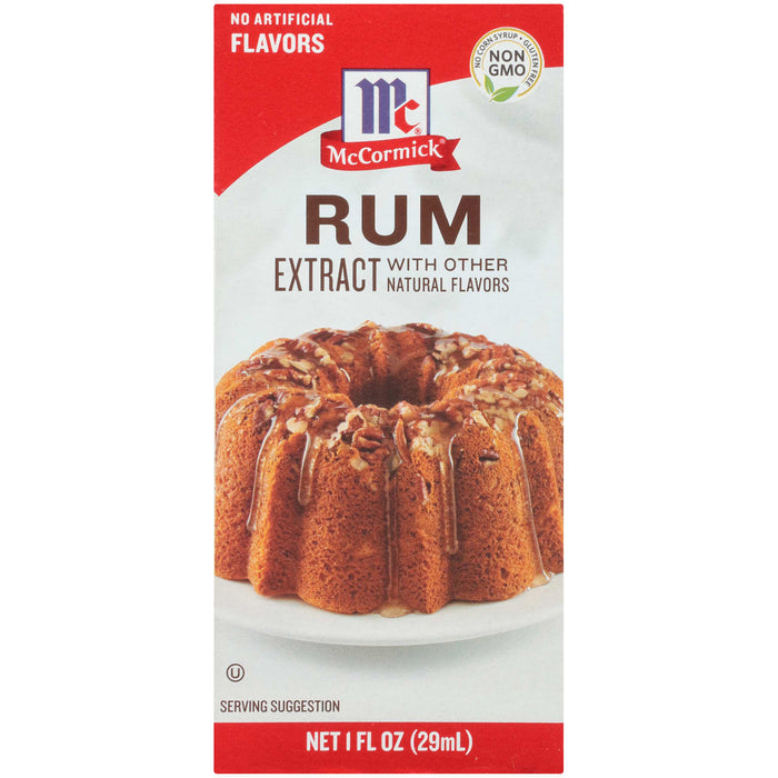 ['McCormick Rum Extract with other natural flavors, a bottle with a cake on the label.']