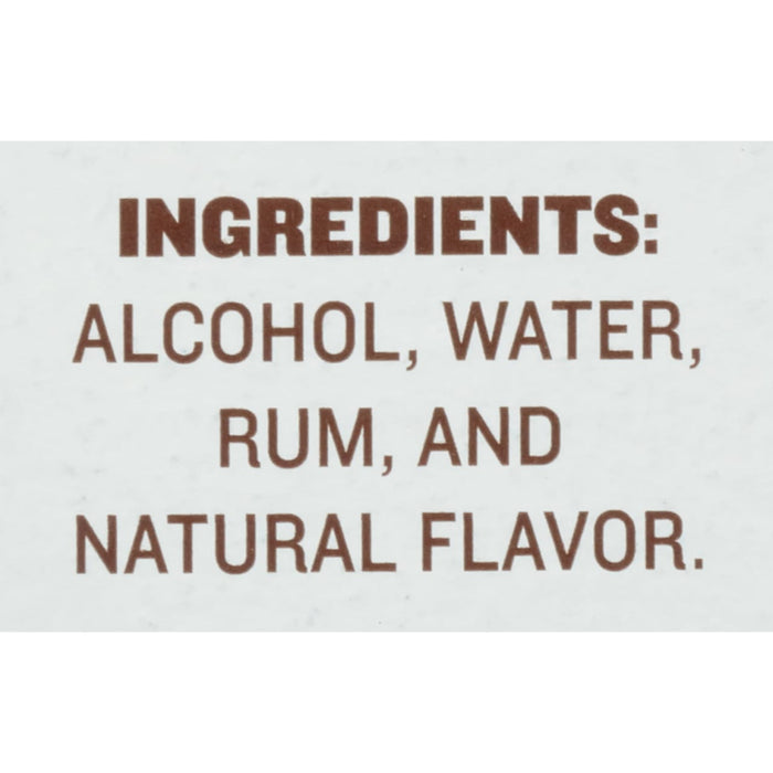 ['A label that reads Ingredients: Alcohol, Water, Rum, and Natural Flavor.']