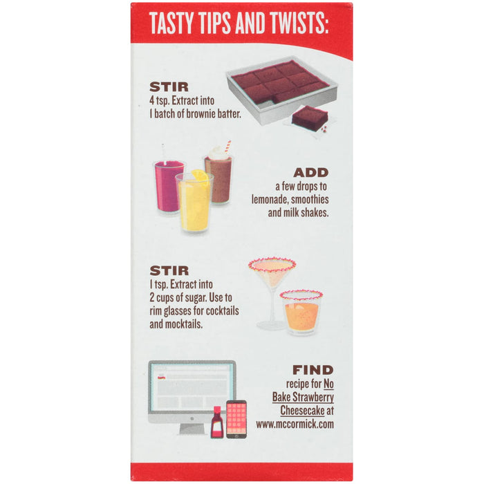 ['McCormick Vanilla Extract packaging with tips and tricks for using the product.']