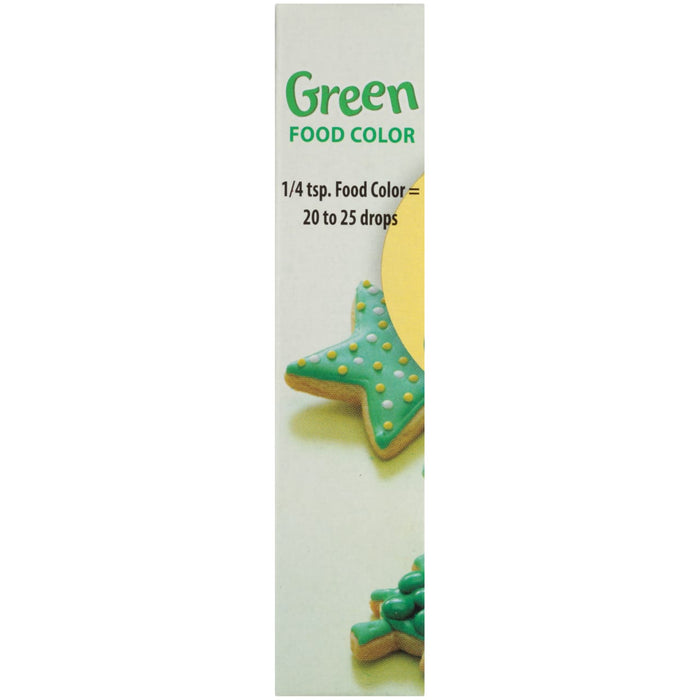 ['A bottle of McCormick Green Food Color with a cookie decorated with green icing.']