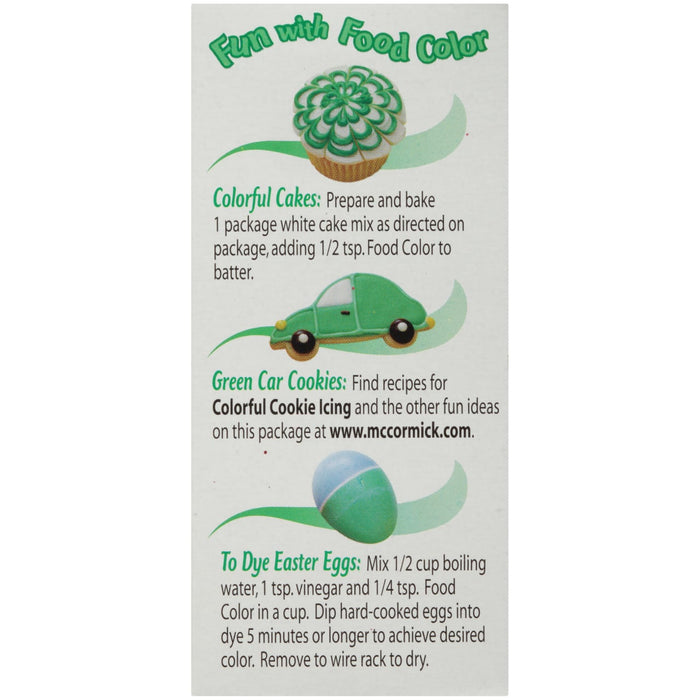 ['McCormick Food Color instructions for making colorful cakes, green car cookies, and dyeing Easter eggs.']