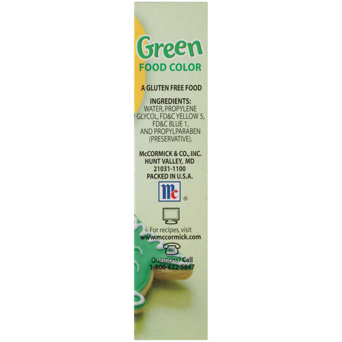 ['McCormick Green Food Color packaging with ingredients and contact information.']