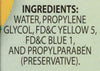 ['A list of ingredients for a product, including water, propylene glycol, FD&amp;C Yellow 5, FD&amp;C Blue 1, and propylparaben (preservative).']