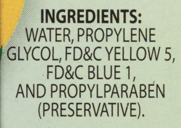 ['A list of ingredients for a product, including water, propylene glycol, FD&amp;C Yellow 5, FD&amp;C Blue 1, and propylparaben (preservative).']
