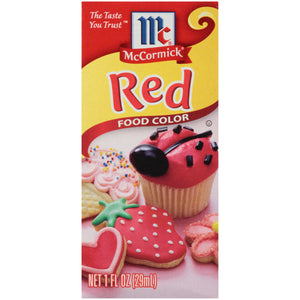 ['McCormick Red Food Color packaging with a cupcake and cookies.']
