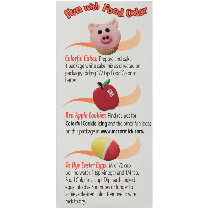 ['A McCormick Food Color package with instructions for making colorful cakes, red apple cookies, and dyeing Easter eggs.']