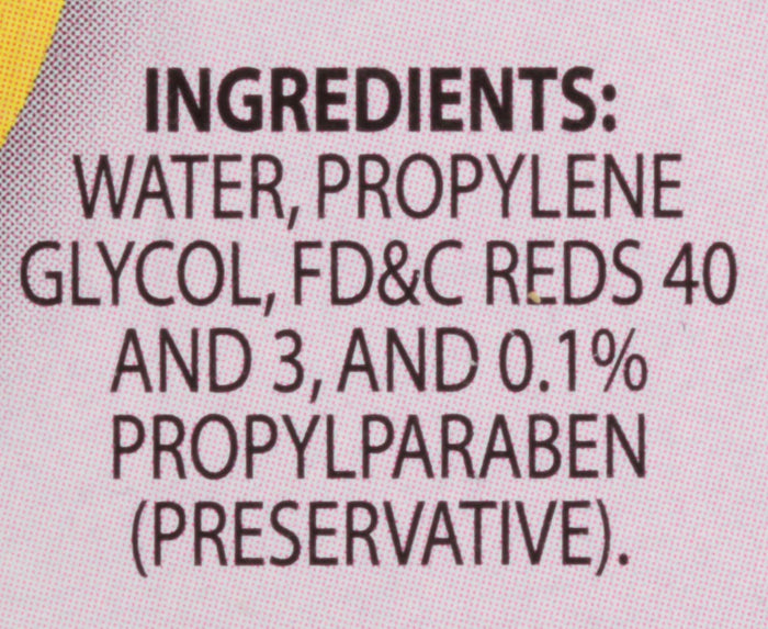 ['The ingredients for this product are water, propylene glycol, FD&amp;C Reds 40, and 0.1% propylparaben (preservative).']