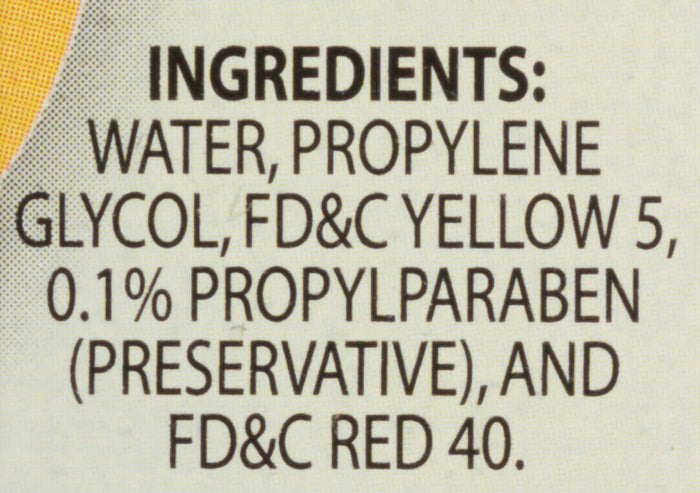 A list of ingredients for a product including water propylene glycol FD&amp;C Yellow 5 propylparaben and FD&amp;C Red 40.