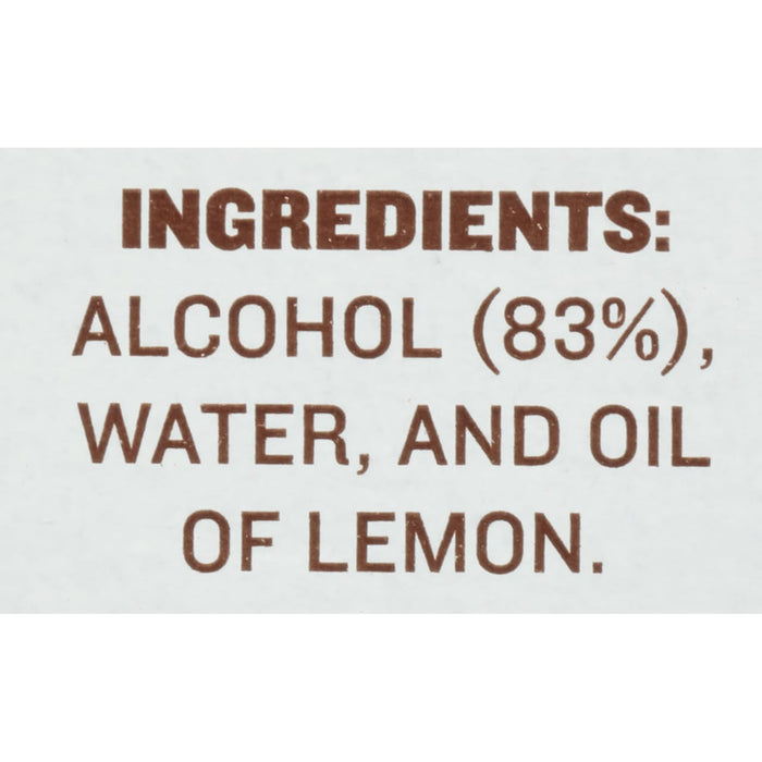 A label listing the ingredients of a product as alcohol (83%) water and oil of lemon.