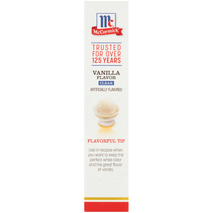 McCormick Vanilla Flavor Clear is artificially flavored and is perfect for keeping the white color and great flavor of vanilla in recipes.
