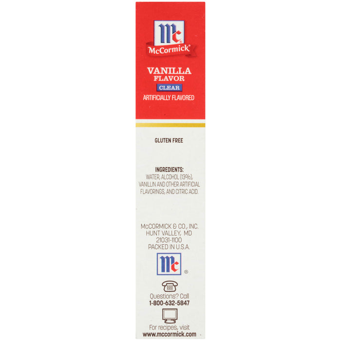 McCormick Vanilla Flavor Clear a bottle of vanilla extract with a red label.