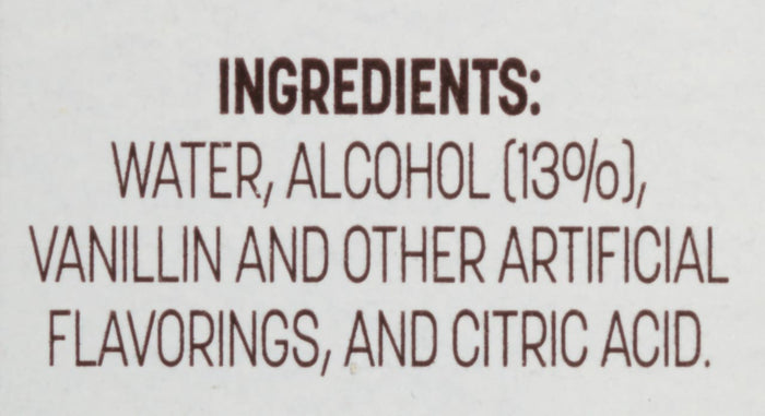 The ingredients for this product are water alcohol vanillin other artificial flavorings and citric acid.