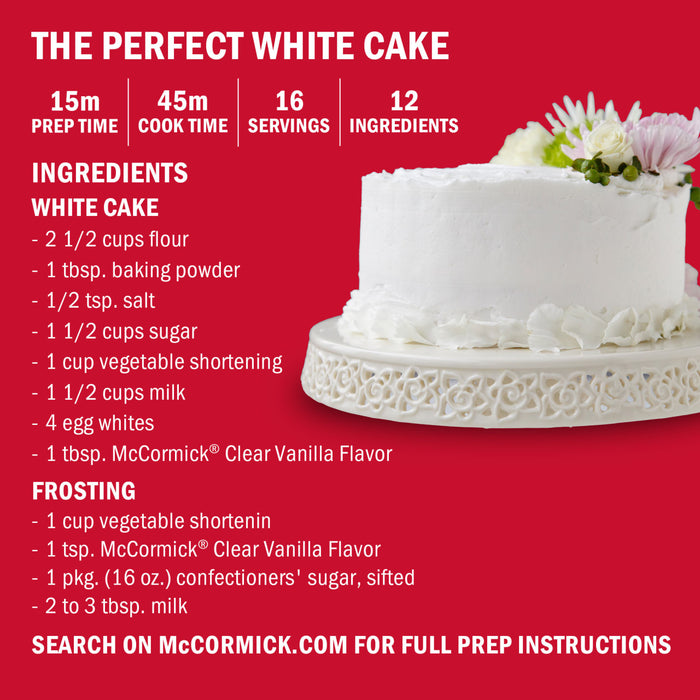 This image shows a recipe for The Perfect White Cake by McCormick including ingredients for the cake and frosting.