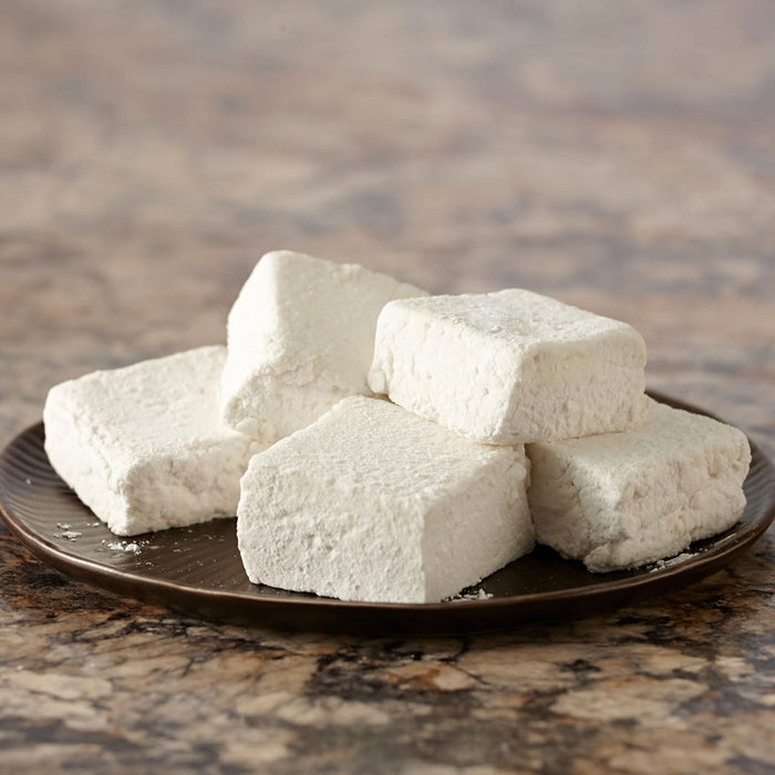 A stack of homemade marshmallows dusted with powdered sugar sits on a brown plate.