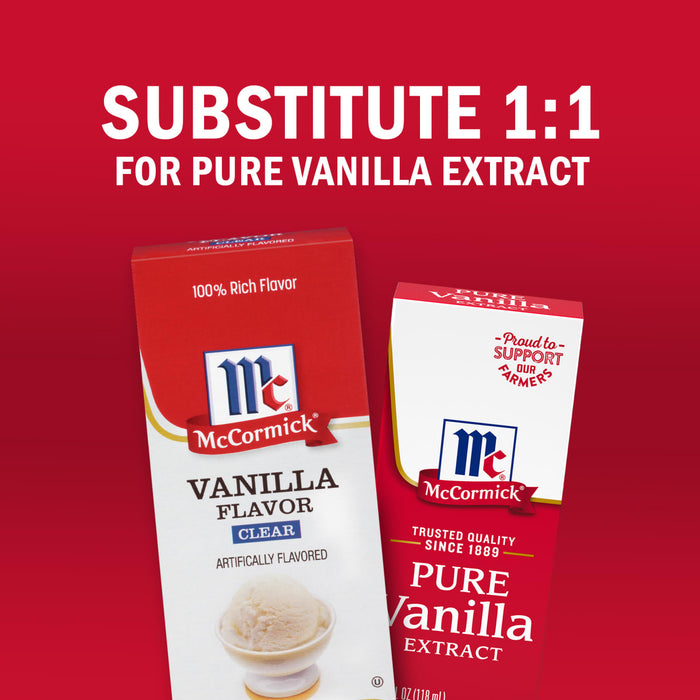 A McCormick ad suggests substituting their vanilla flavor for pure vanilla extract at a 1:1 ratio.