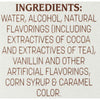 A list of ingredients for a product including water alcohol natural and artificial flavorings and caramel color.