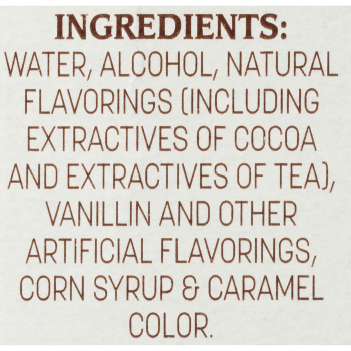 A list of ingredients for a product including water alcohol natural and artificial flavorings and caramel color.