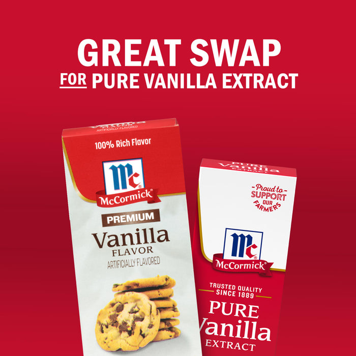 This image features McCormick Premium Vanilla Flavor and McCormick Pure Vanilla Extract suggesting a great swap between the two products.