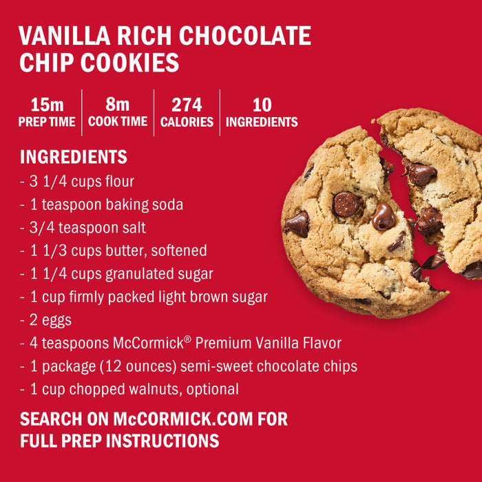 This image shows a recipe for Vanilla Rich Chocolate Chip Cookies including preparation and cook time calories ingredients and a call to action to search McCormick.com for full preparation instructions.