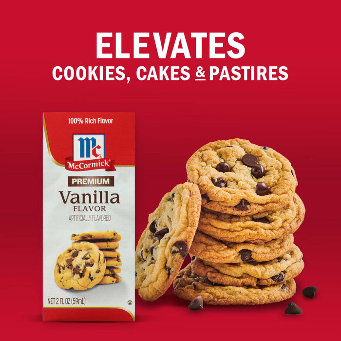 A package of McCormick Vanilla Flavor is displayed next to a stack of chocolate chip cookies highlighting its use in elevating cookies cakes and pastries.