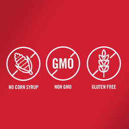 Three white icons on a red background with the text No Corn Syrup Non GMO and Gluten Free.