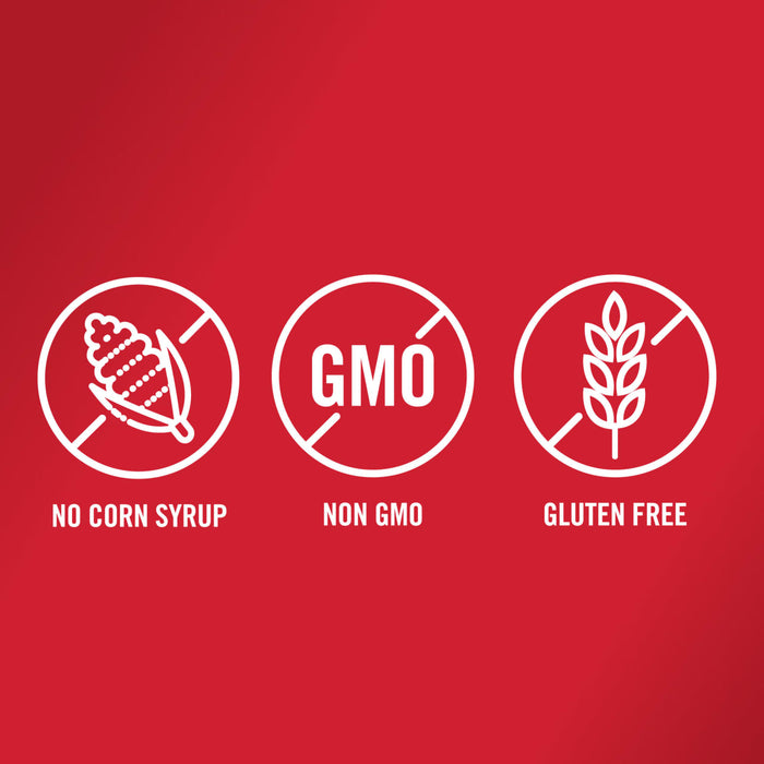 Three white icons on a red background with the text No Corn Syrup Non GMO and Gluten Free.